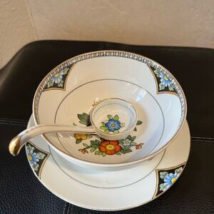 3 piece Vintage Noritake bone china floral M serving bowl with saucer & ladle